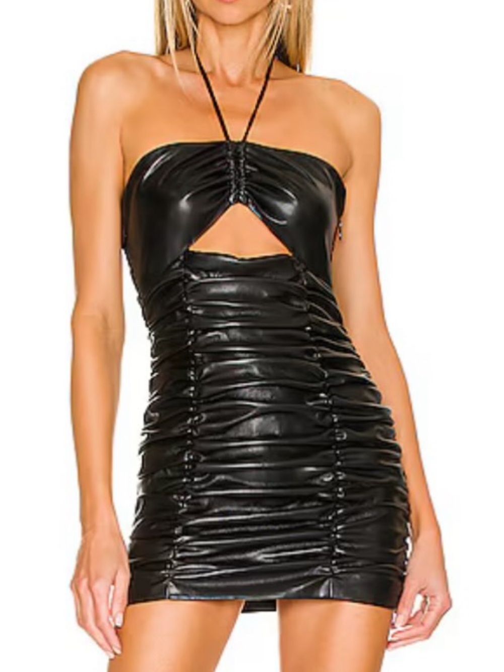 Lovers + Friends Black Ruched Faux Leather Mini Dress